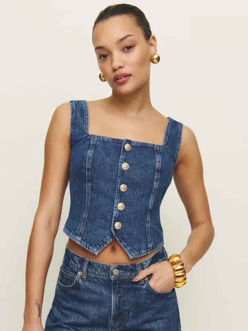 Reformation Bo Denim Top Size 10 Dark Blue Wash NWOT